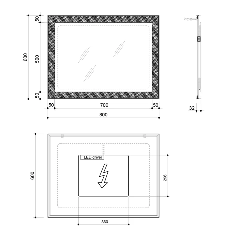 Rysunek techniczny - FLUT Lustro z podświetleniem LED 60x80cm, białe