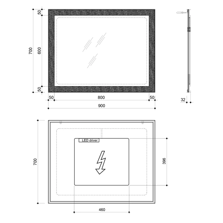 Rysunek techniczny - FLUT Lustro z podświetleniem LED 90x70cm, białe