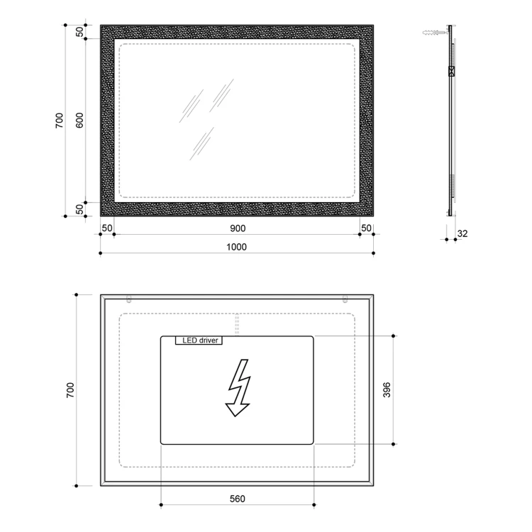 Rysunek techniczny - FLUT Lustro z podświetleniem LED 100x70cm, białe