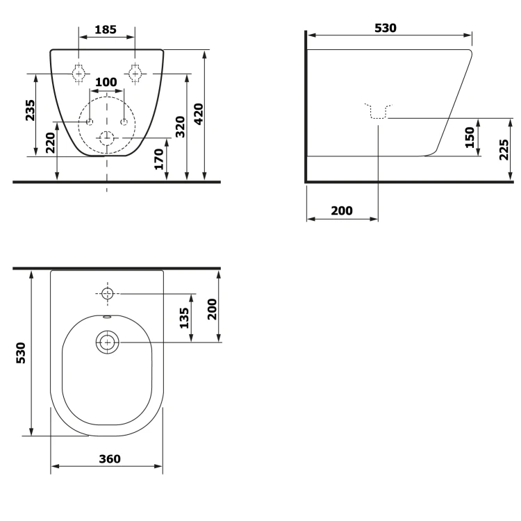 Rysunek techniczny - PACO bidet wiszący, 36x52cm, biały