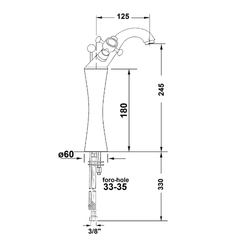 Rysunek techniczny - ANTEA bateria umywalkowa wysoka z odpływem, wysokość 245mm, nikiel szczotkowany