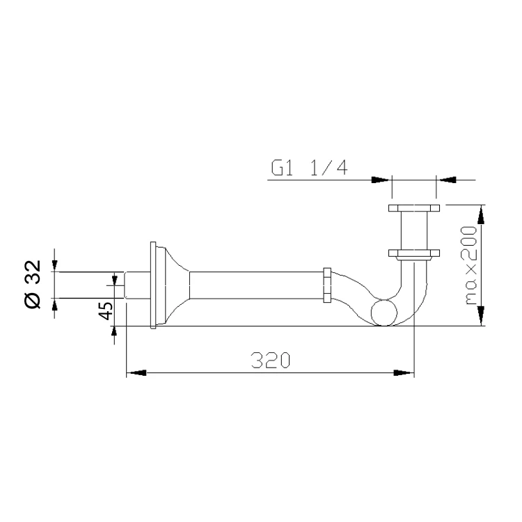 Rysunek techniczny - Syfon bidetowy 5/4", odpływ 32mm, nikiel szczotkowany