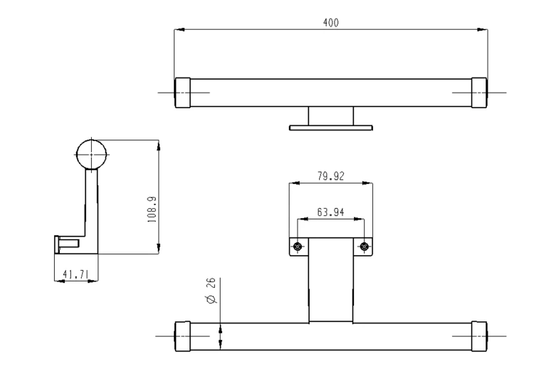 Rysunek techniczny - KRONAS oświetlenie LED, 6W, 230V, 400x40x100mm, IP44, plastik, chrome