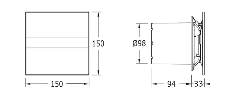 Rysunek techniczny - E-100 GB, wentylator łazienkowy osiowy, 8W, wylot 100mm, czarny