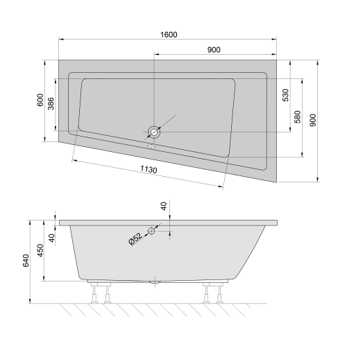 Rysunek techniczny - ANDRA R wanna asymetryczna 160x90x45cm, ivory