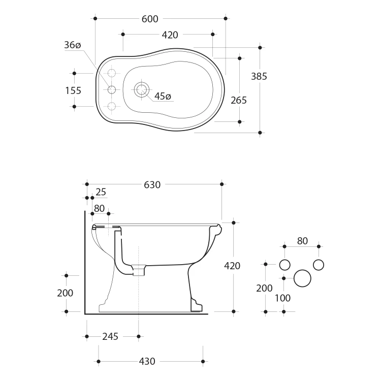 Rysunek techniczny - RETRO bidet 38,5x60cm, biały