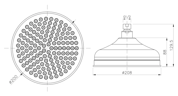 Rysunek techniczny - DREAMART deszczownia, 208mm, stal nierdzewna polerowana