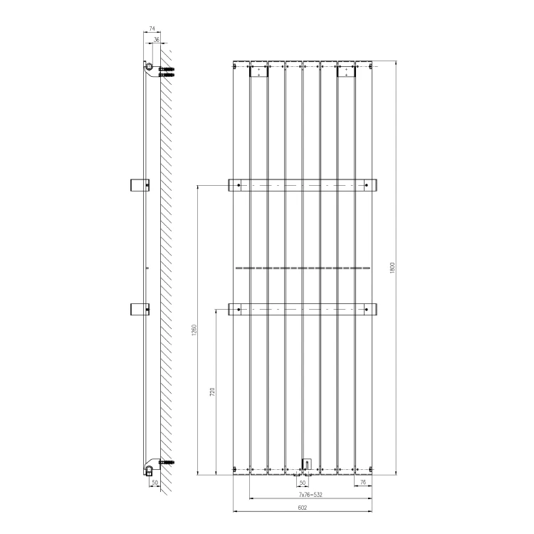 Rysunek techniczny - COLONNA grzejnik łazienkowy 602x1800mm, biały