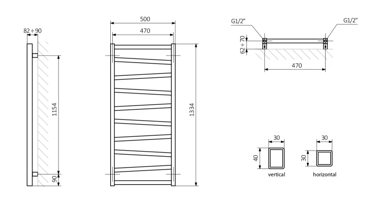 Rysunek techniczny - ZIG grzejnik łazienkowi 500x1334mm, biały mat