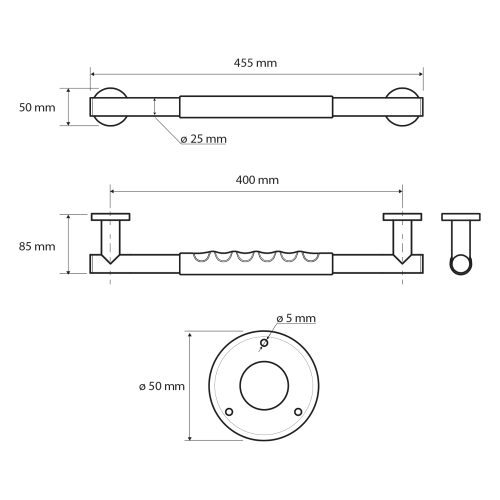 Rysunek techniczny - Solidny uchwyt z powłoką antypoślizgową 400mm, stal nierdzewna polerowana