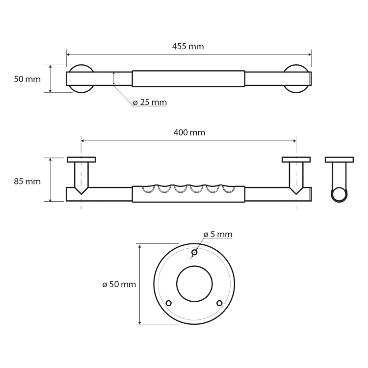 Rysunek techniczny - Solidny uchwyt z powłoką antypoślizgową 400mm, stal nierdzewna polerowana