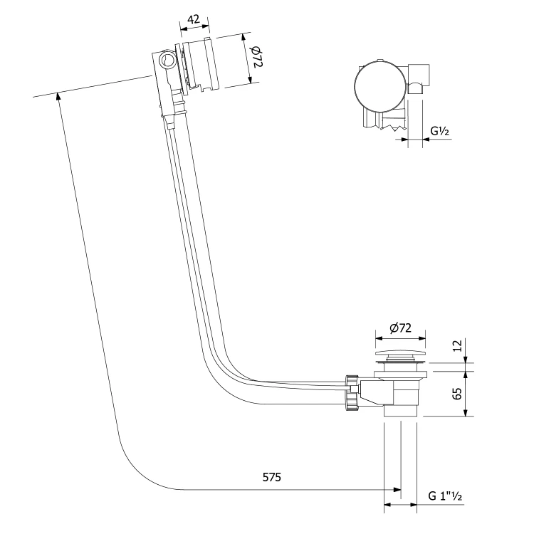 Rysunek techniczny - Zestaw odpływowy z napełnianiem, dł. 575mm, korek automatyczny 72mm, biały