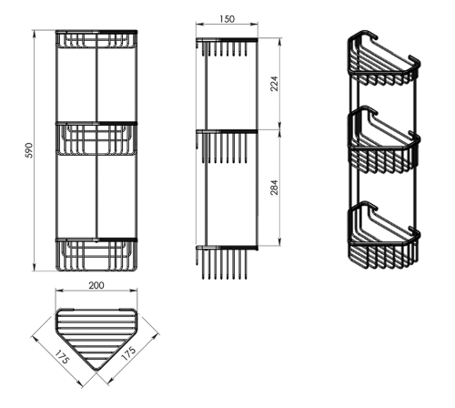 Rysunek techniczny - SMART półka narożna potrójna 175x590x175mm