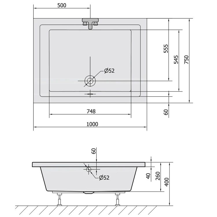 Rysunek techniczny - DEEP brodzik prysznicowy ze stelażem, 100x75x26cm, biały