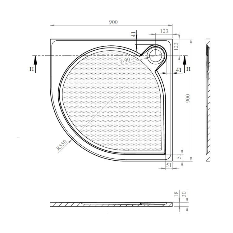 Rysunek techniczny - ARCA brodzik prysznicowy kompozytowy, półokrągły 90x90cm, R550