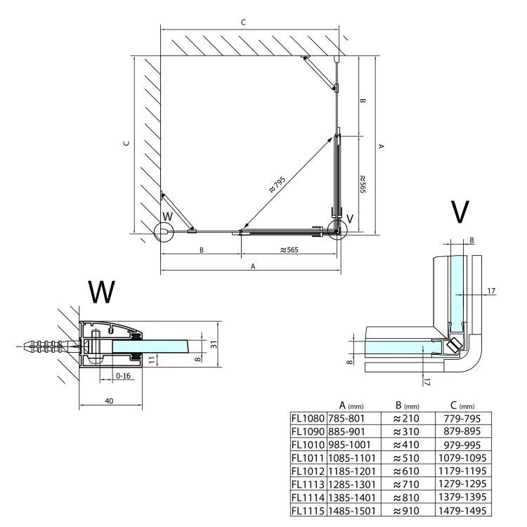 Rysunek techniczny - FORTIS drzwi prysznicowe 1000mm, szkło czyste, lewe #2