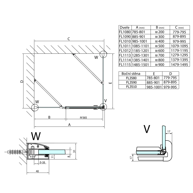 Rysunek techniczny - FORTIS ścianka boczna, 800mm, szkło czyste #2