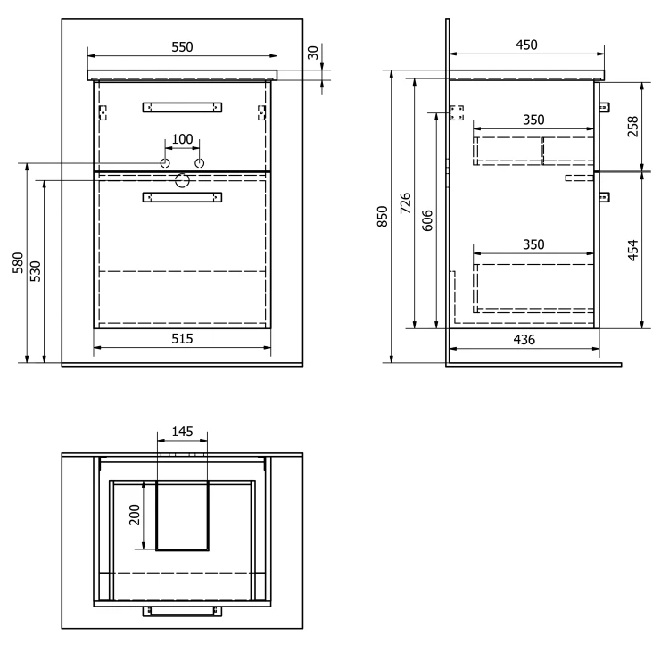 Rysunek techniczny - VEGA szafka umywalkowa 51,5x72,6x43,6cm, 2 szuflady, biała