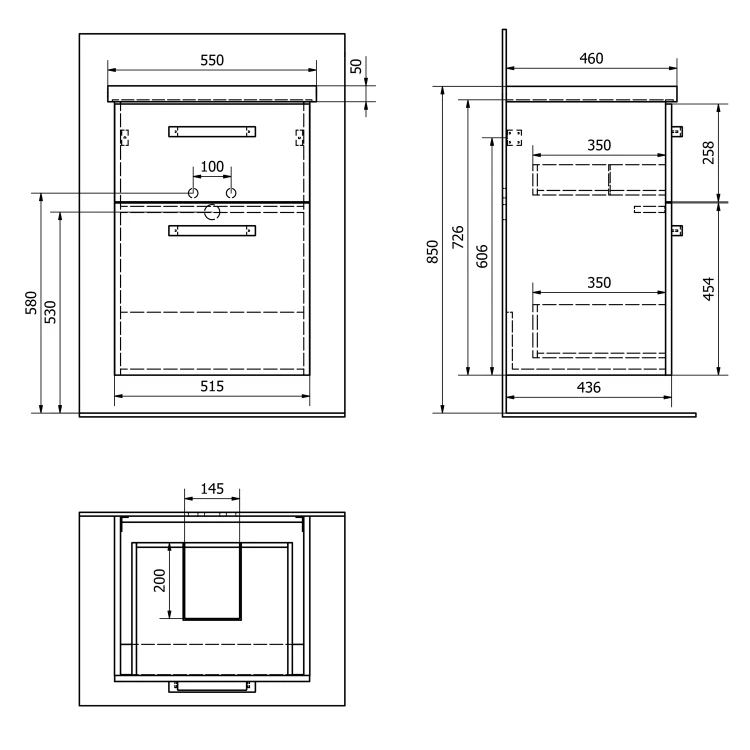 Rysunek techniczny - VEGA szafka umywalkowa 51,5x72,6x43,6cm, 2 szuflady, dąb platin #2