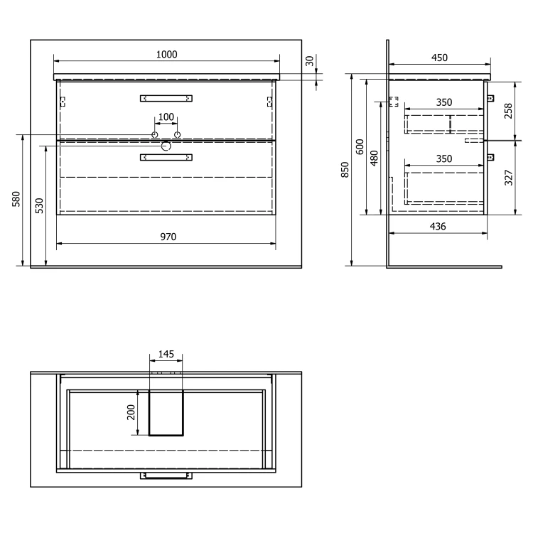 Rysunek techniczny - VEGA szafka umywalkowa 97x60x43,6cm, 2 szuflady, biała