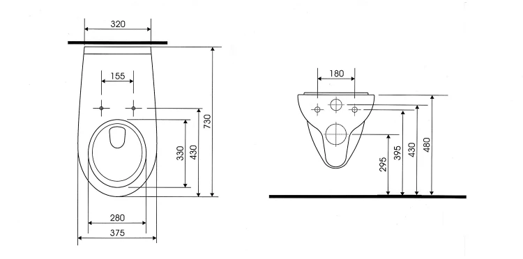 Rysunek techniczny - HANDICAP WC wiszące przedłużone, Rimless, 37,5x73cm, biały