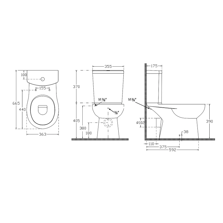 Rysunek techniczny - KAIRO CLEANWASH kompakt WC z funkcją bidetu, odpływ poziomy, biały