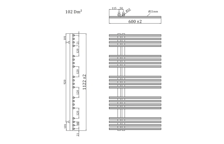 Rysunek techniczny - NYMPHA grzejnik łazienkowy 600x1122mm, biały
