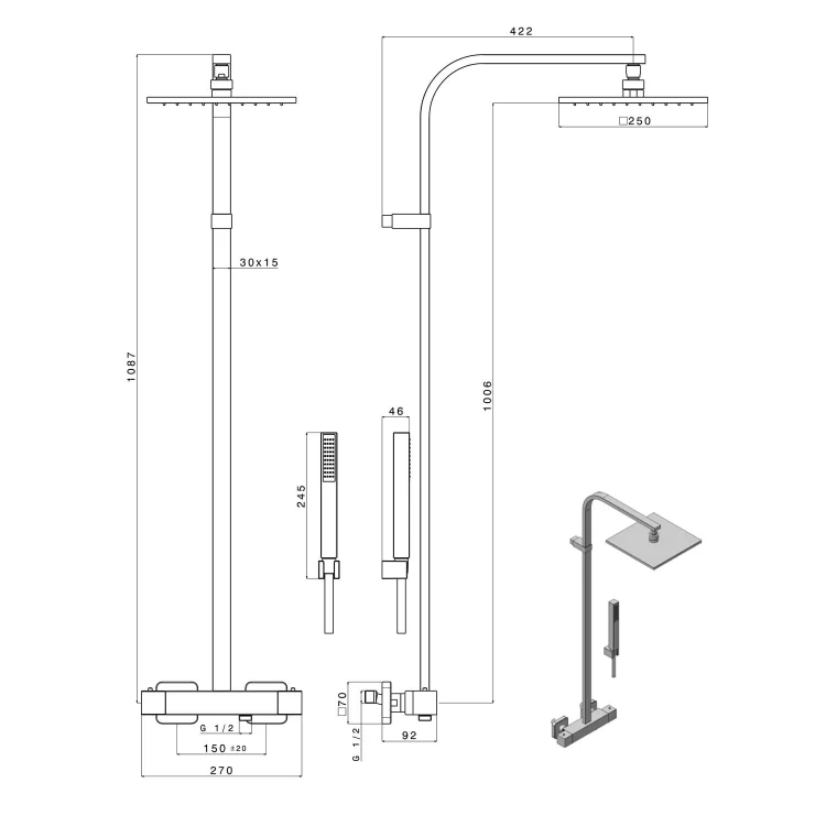 Rysunek techniczny - DIMY Zestaw prysznicowy z baterią termostatyczną, czarny