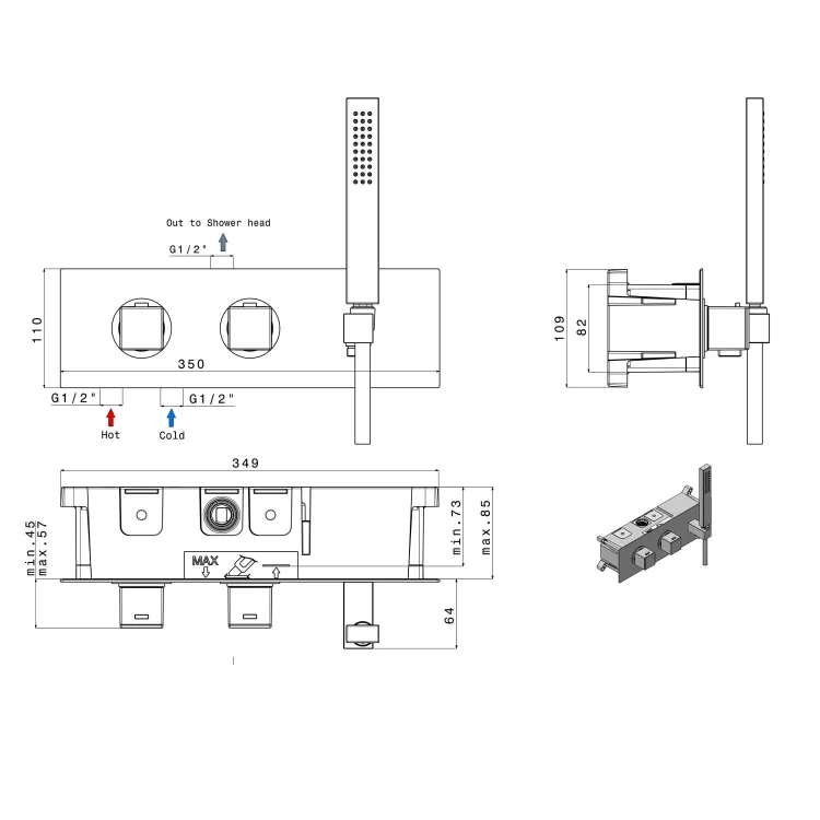 Rysunek techniczny - DIMY bateria prysznicowa/wannowa podtynkowa, termostatyczna, kompletna, 2 wyjścia, chrom