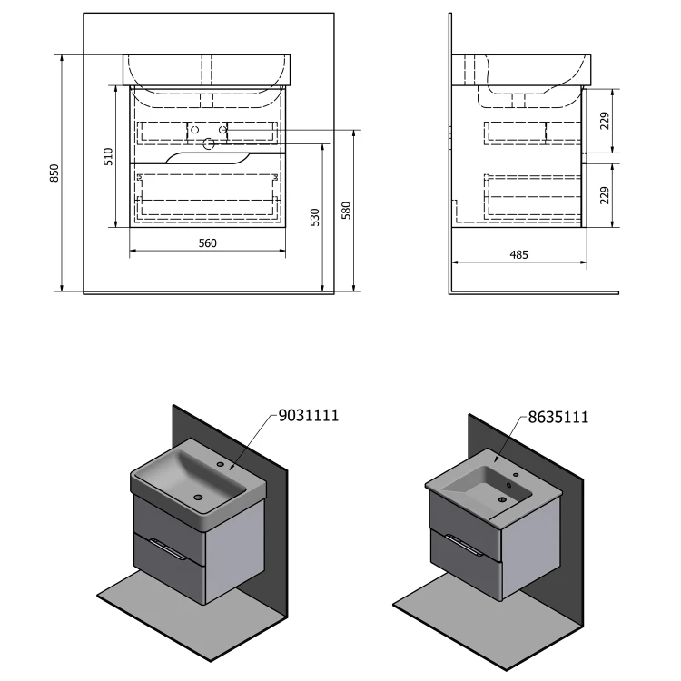 Rysunek techniczny - MEDIENA szafka umywalkowa 56x51x48,5cm, biały mat/biały mat
