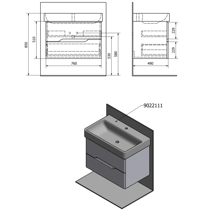 Rysunek techniczny - MEDIENA szafka umywalkowa 76x51x48,5cm, biały mat/biały mat