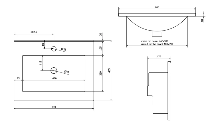 Rysunek techniczny - SLIM umywalka meblowa 60x46,5cm, biały
