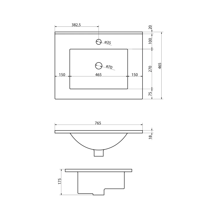 Rysunek techniczny - SLIM umywalka meblowa 76x46,5cm, biały