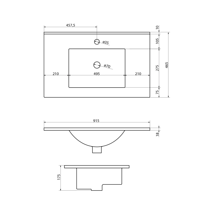 Rysunek techniczny - SLIM umywalka meblowa 90x46,5cm, biały