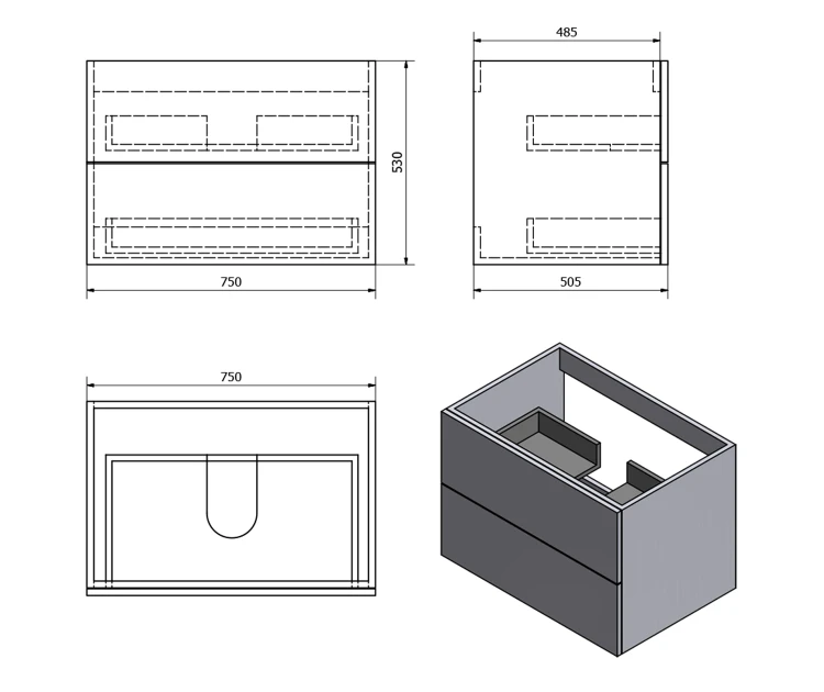 Rysunek techniczny - TREOS szafka umywalkowa 75x53x50,5cm,biały mat