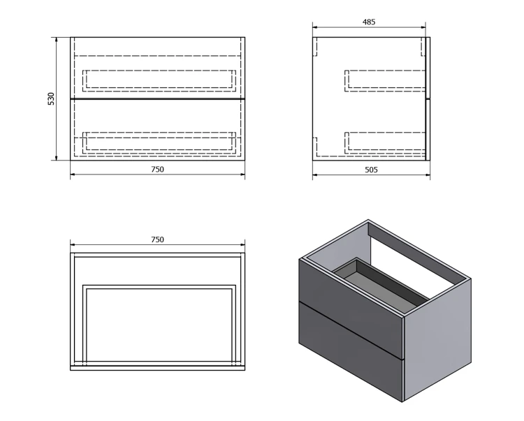 Rysunek techniczny - TREOS szafka z szufladami 75x53x50,5cm, czarny mat