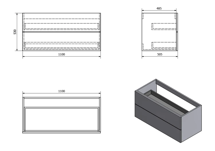 Rysunek techniczny - TREOS szafka z szufladami 110x53x50,5cm, czarny mat