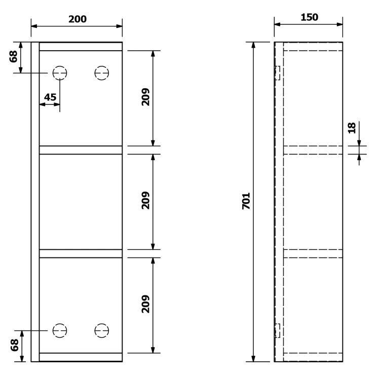Rysunek techniczny - RIWA regał 20x70x15cm, lewa/prawa, dąb srebrny
