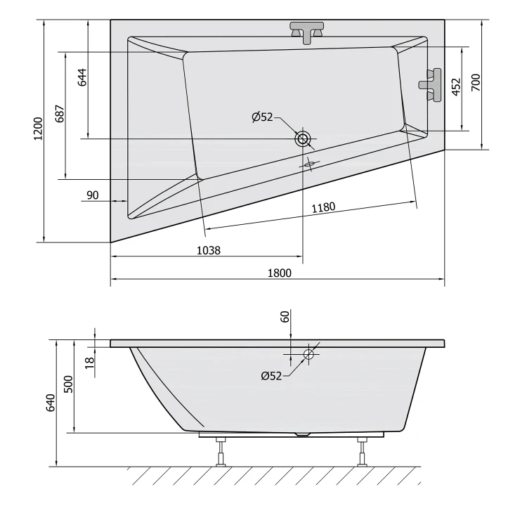 Rysunek techniczny - TRIANGL L SLIM wanna asymetryczna 180x120x50cm, biała
