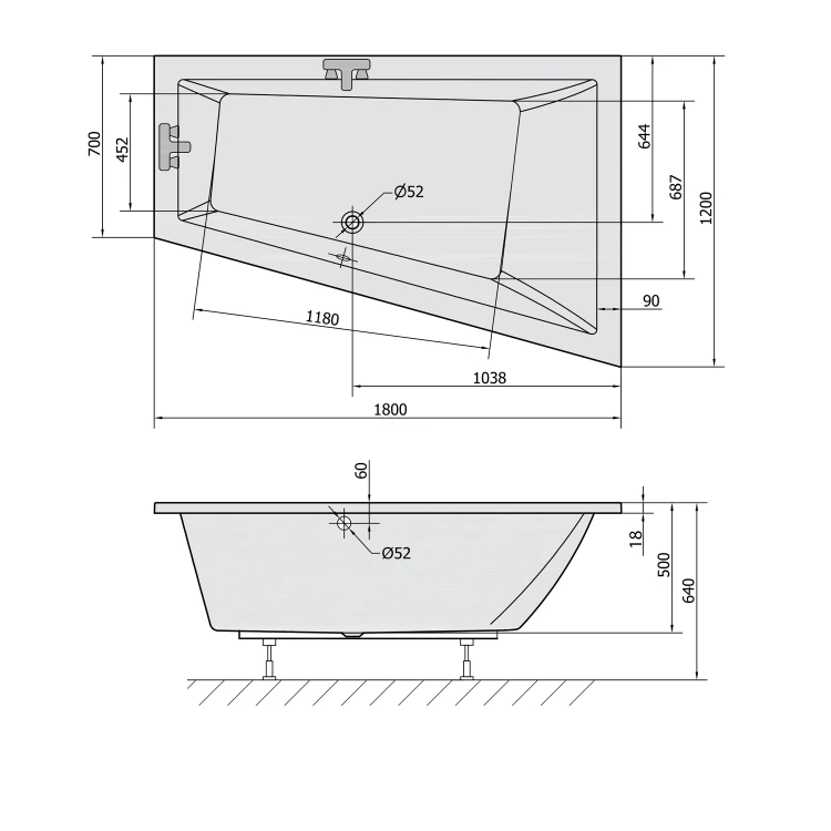 Rysunek techniczny - TRIANGL R SLIM wanna asymetryczna 180x120x50cm, biała