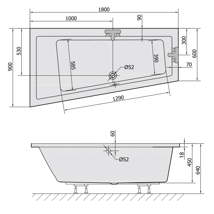 Rysunek techniczny - ANDRA L SLIM wanna asymetryczna 180x90x45cm, biała