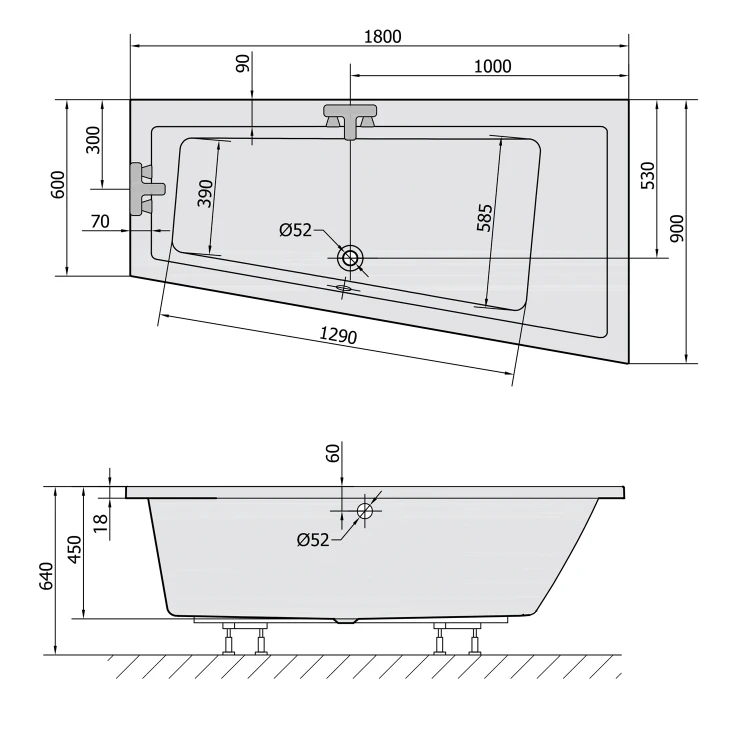 Rysunek techniczny - ANDRA R SLIM wanna asymetryczna 180x90x45cm, biała
