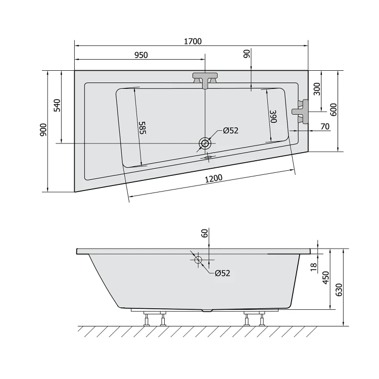 Rysunek techniczny - ANDRA L SLIM wanna asymetryczna 170x90x45cm, biała