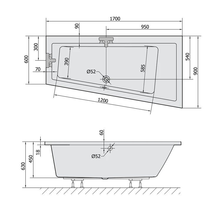 Rysunek techniczny - ANDRA R SLIM wanna asymetryczna 170x90x45cm, biała