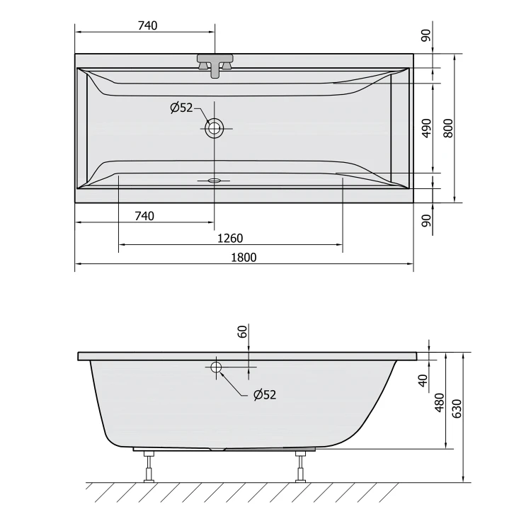 Rysunek techniczny - CLEO wanna prostokątna 180x80x48cm, biały