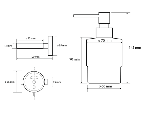 Rysunek techniczny - X-ROUND BLACK dozownik mydła 200ml, szkło mleczne, czarny mat