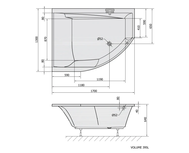 Rysunek techniczny - TANDEM L wanna asymetryczna 170x130x50cm, biała