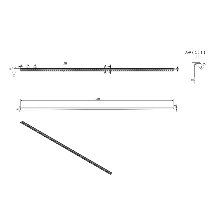 Rysunek techniczny - Listwa spadkowa lewa, wysokość 10 mm, długość 1500 mm, stal nierdzewna mat