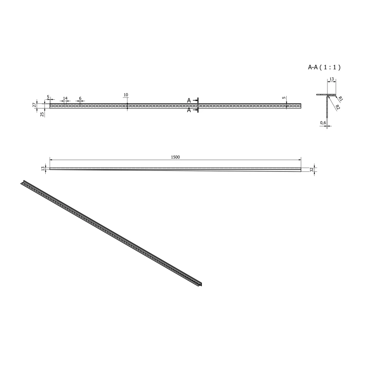 Rysunek techniczny - Listwa spadkowa prawa, wysokość 12 mm, długość 1500 mm, stal nierdzewna mat