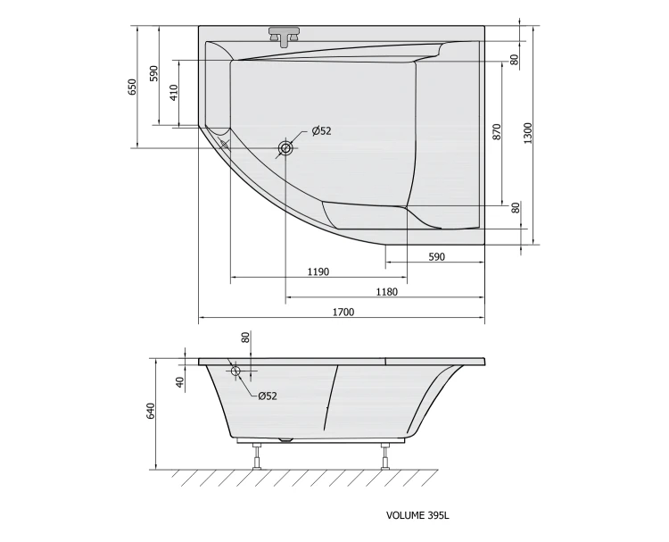 Rysunek techniczny - TANDEM R wanna asymetryczna 170x130x50cm,biały